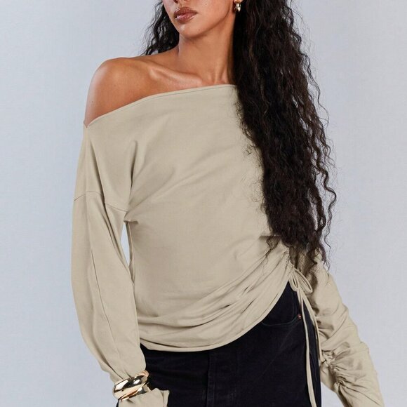 Apricot Casual Women's Asymmetric Collar Drawstring Top - Picture 5 of 7